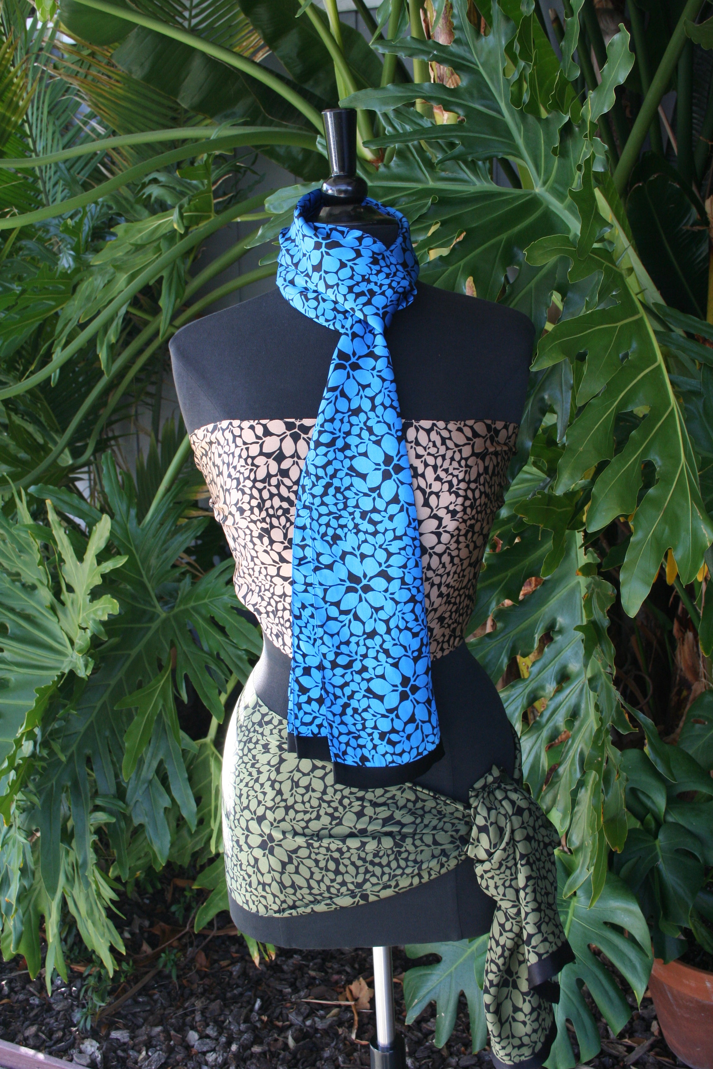 4 Peace Set‎ Satin Style Plant Leaf Print Twillys Beige Floral Italian Silk Satin Long Scarf main image 2