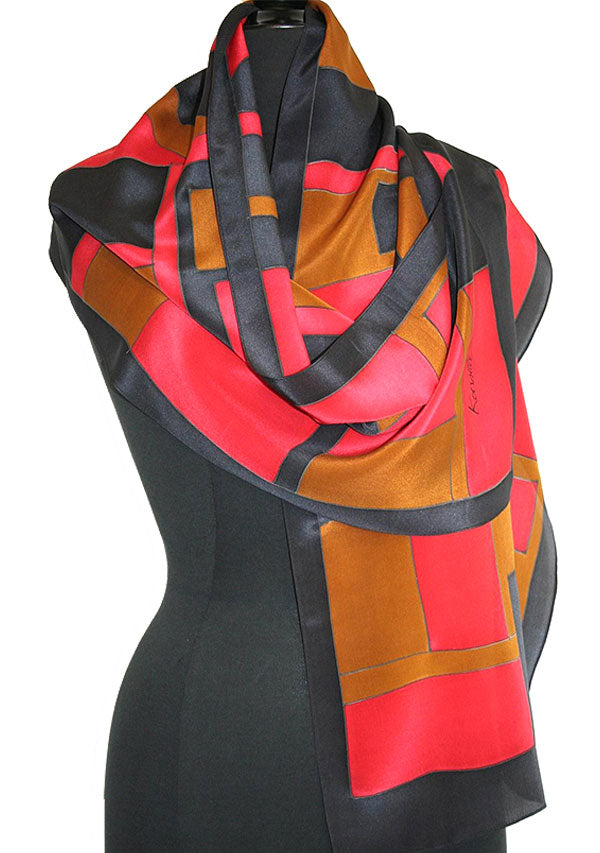 Hand Painted Geometric Scarf - Red