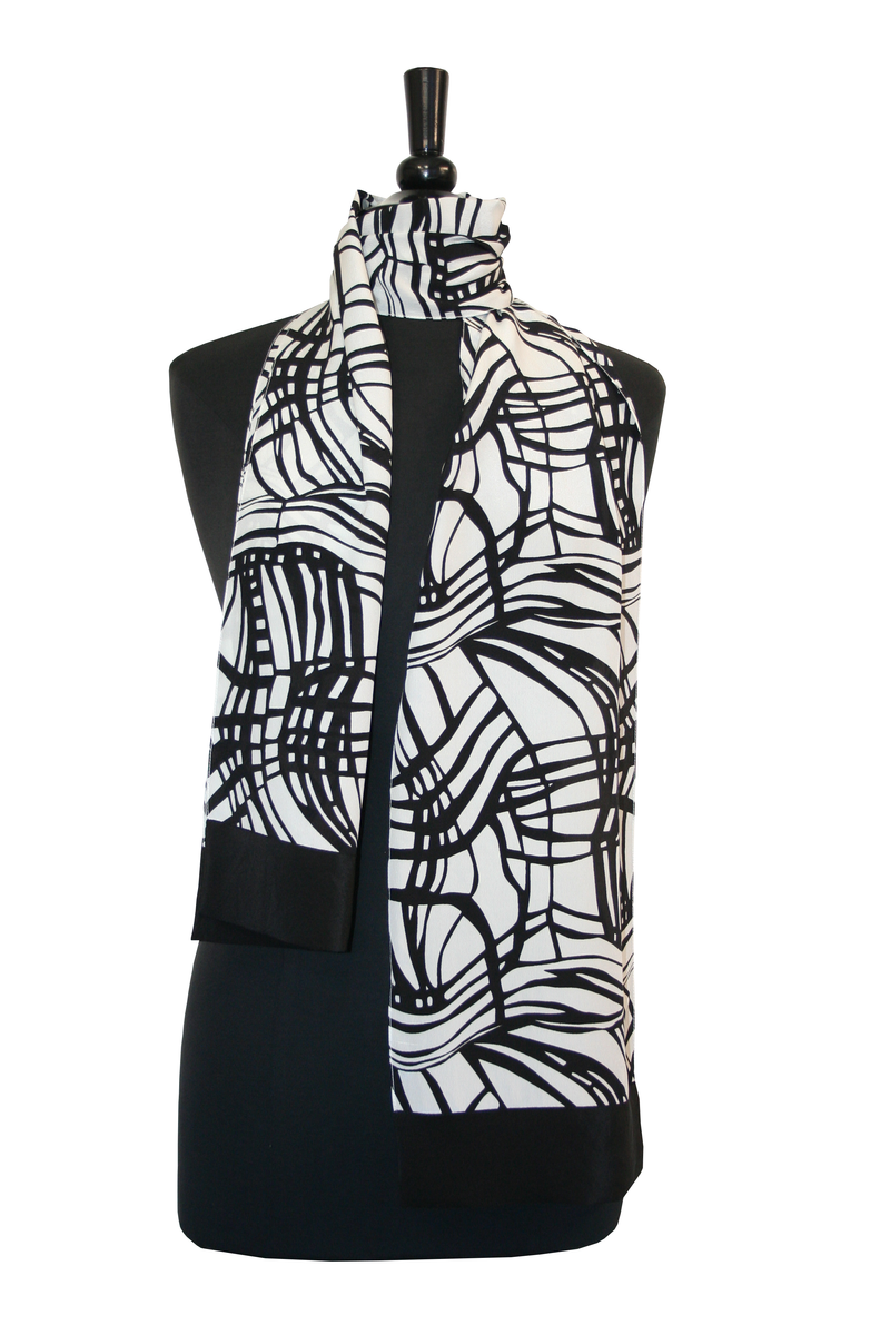 Black and White Crepe Scarf - Swirl