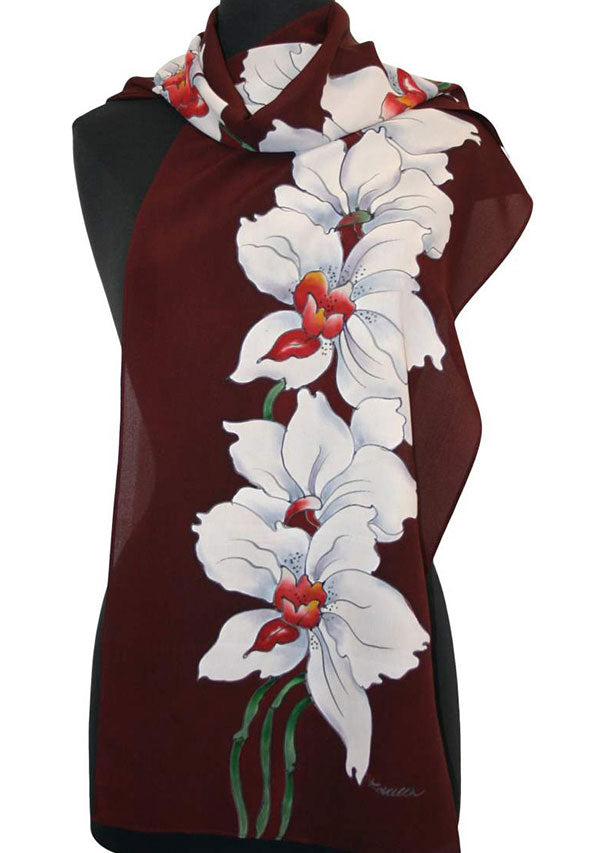 Hand Painted Orchid Scarf - Burgundy
